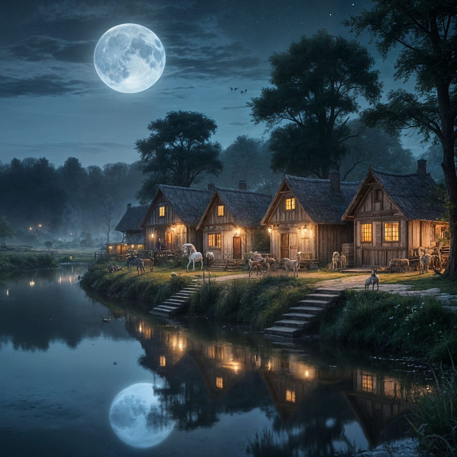 Moonlit Fantasy Village with Horse Farm and Swans