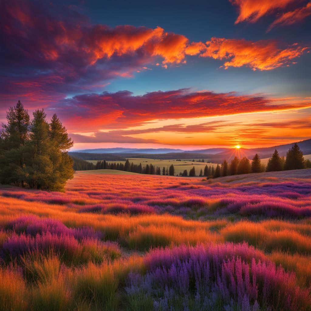 Picture an expansive landscape bathed in the warm hues of a ...