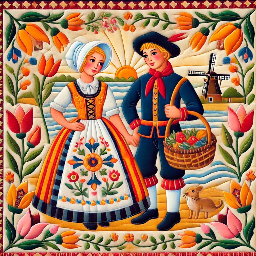 Naive/Folk art. Dutch couple in traditional costume.