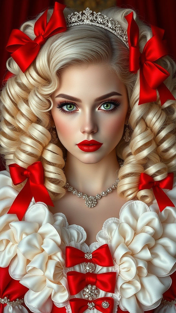 Princess in Extravagant Red Wedding Dress, Hyperrealistic Oi...