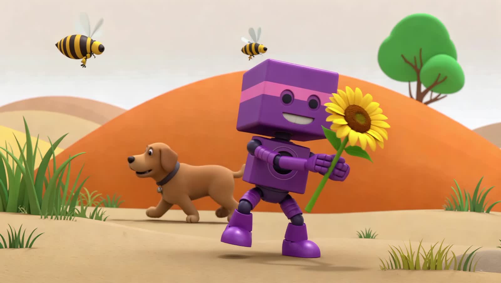 A little purple robot doing the floss its cube like head bobbing up and down in its hand it softly holds a sunflower a b...