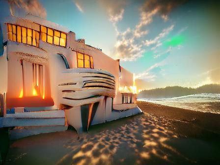 Art deco house on beach at sunset