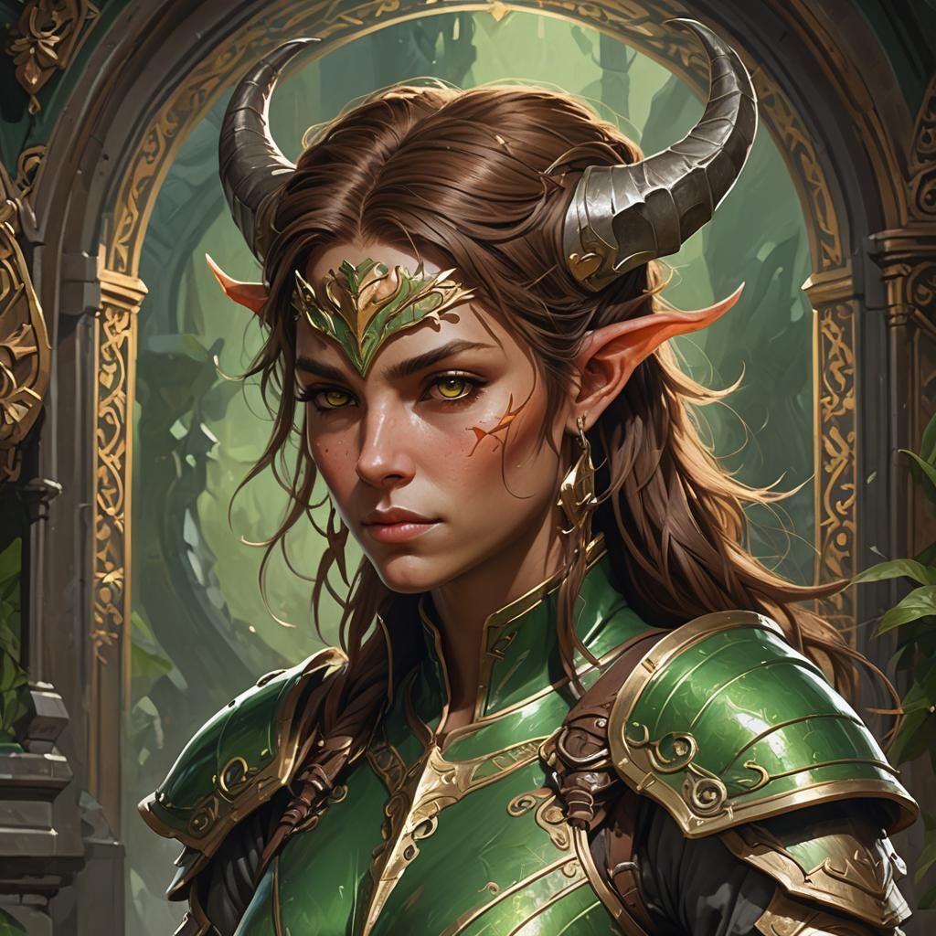 female tiefling Paladin in green armour brown hair head and ...