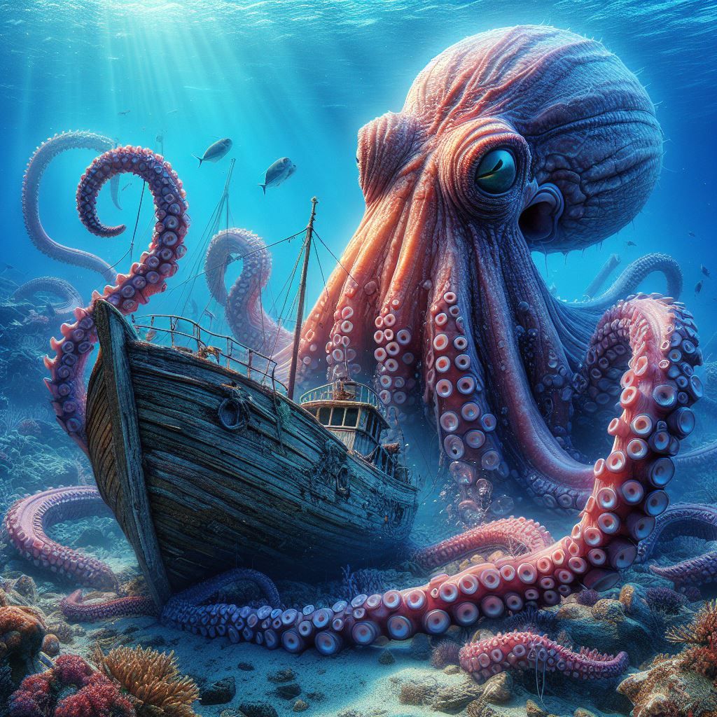 Giant octopus groping a sunken ship