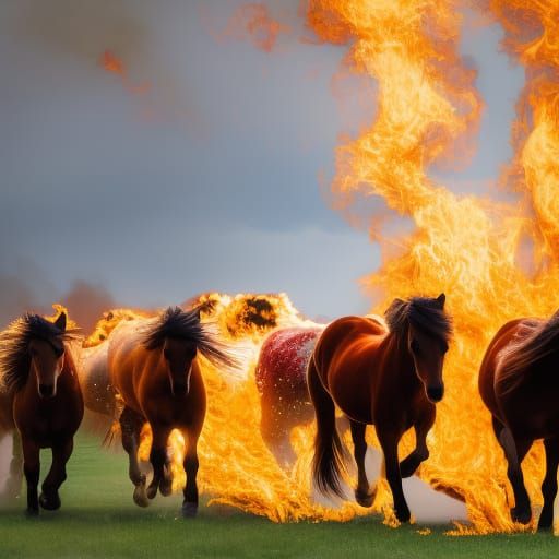 A herd of horses running into flames