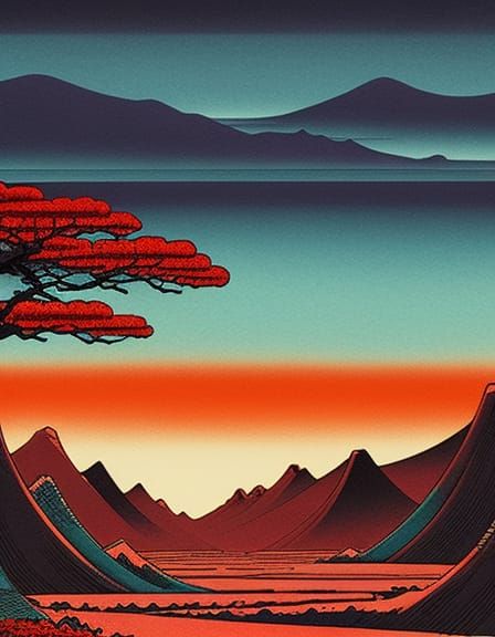 Desolate Wasteland in Ukiyo-e Style Woodcut