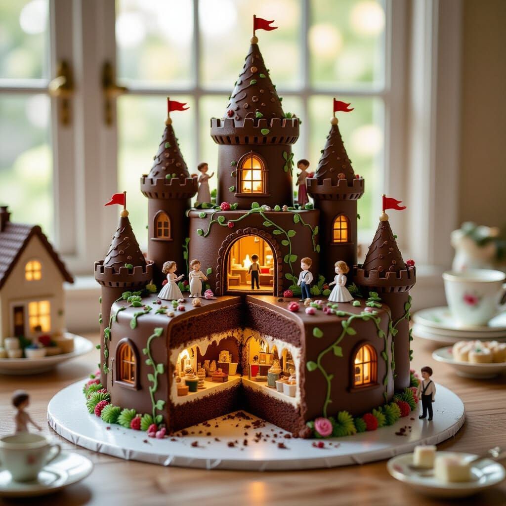 A chocolate cake that looks like a castle, with icing designed to look like vines climbing up the side. ...  by @Felicity Simons 