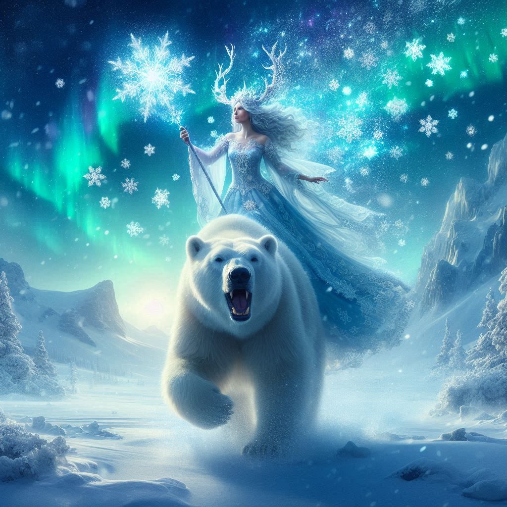 Winter goddess riding a majestic polar bear and scattering s...