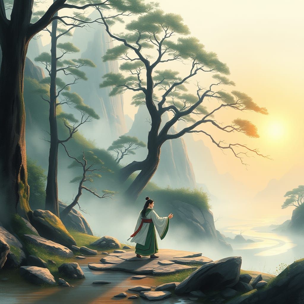 Mystical Martial Arts Scene in Watercolor Style