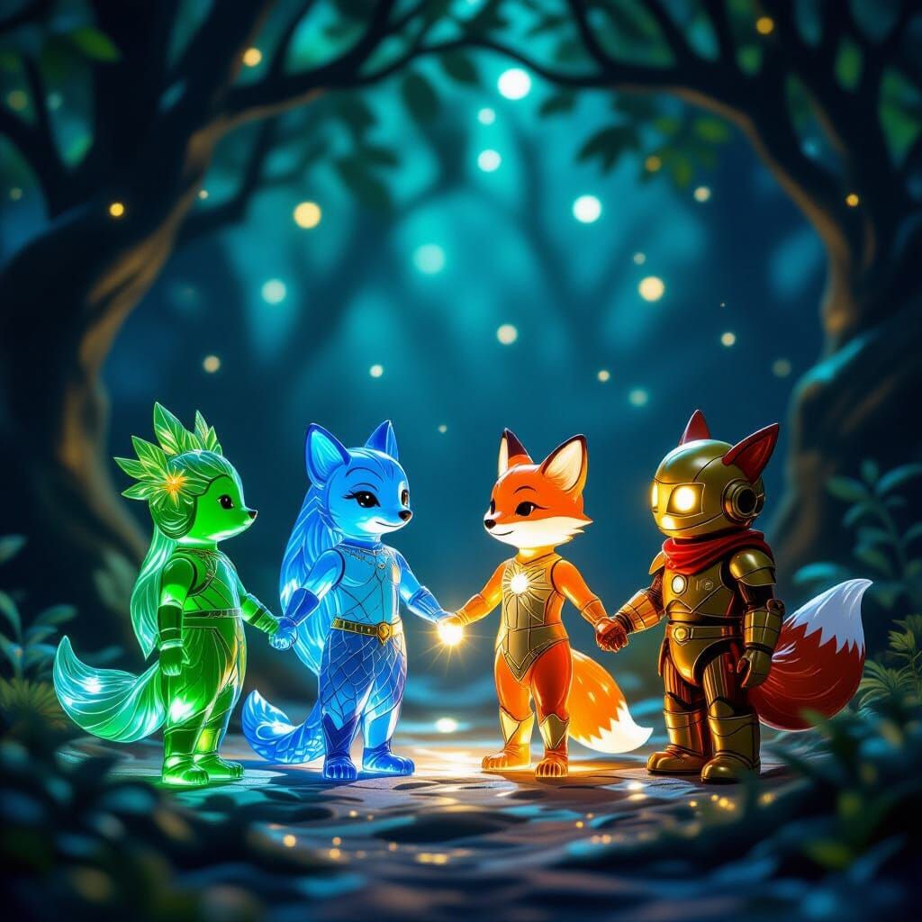 Crystal Glass Figures Holding Hands in Magical Light