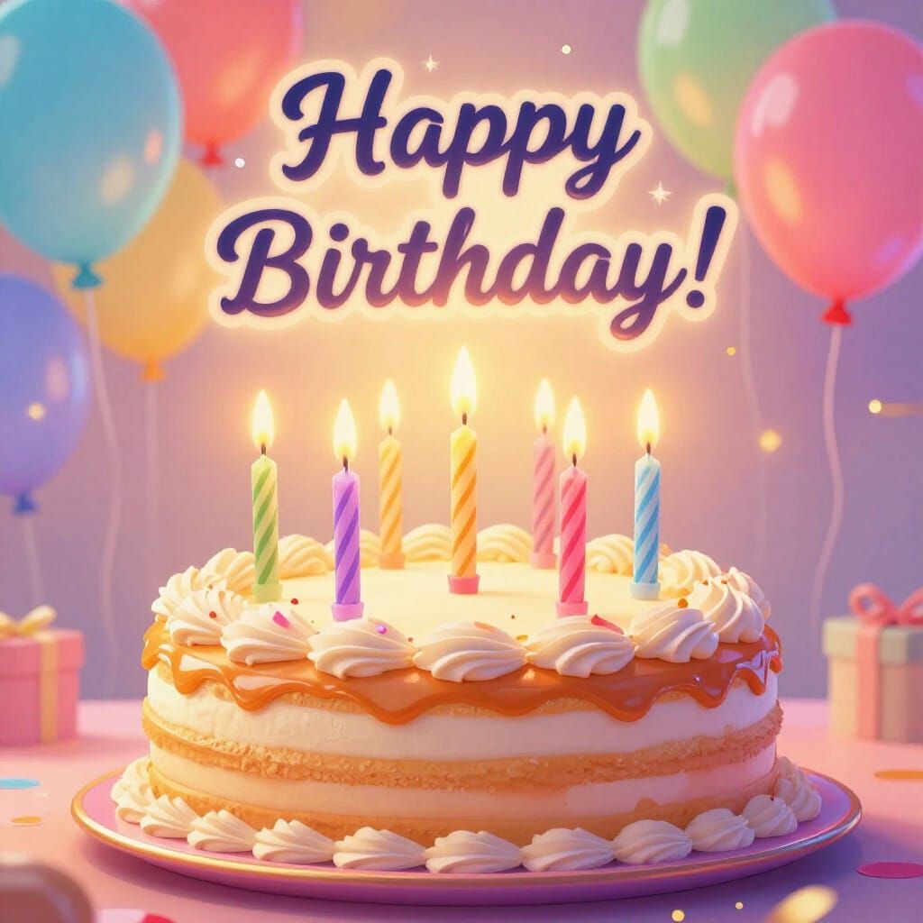 Luxurious Birthday Cake with Candles in Whimsical Digital Ar...