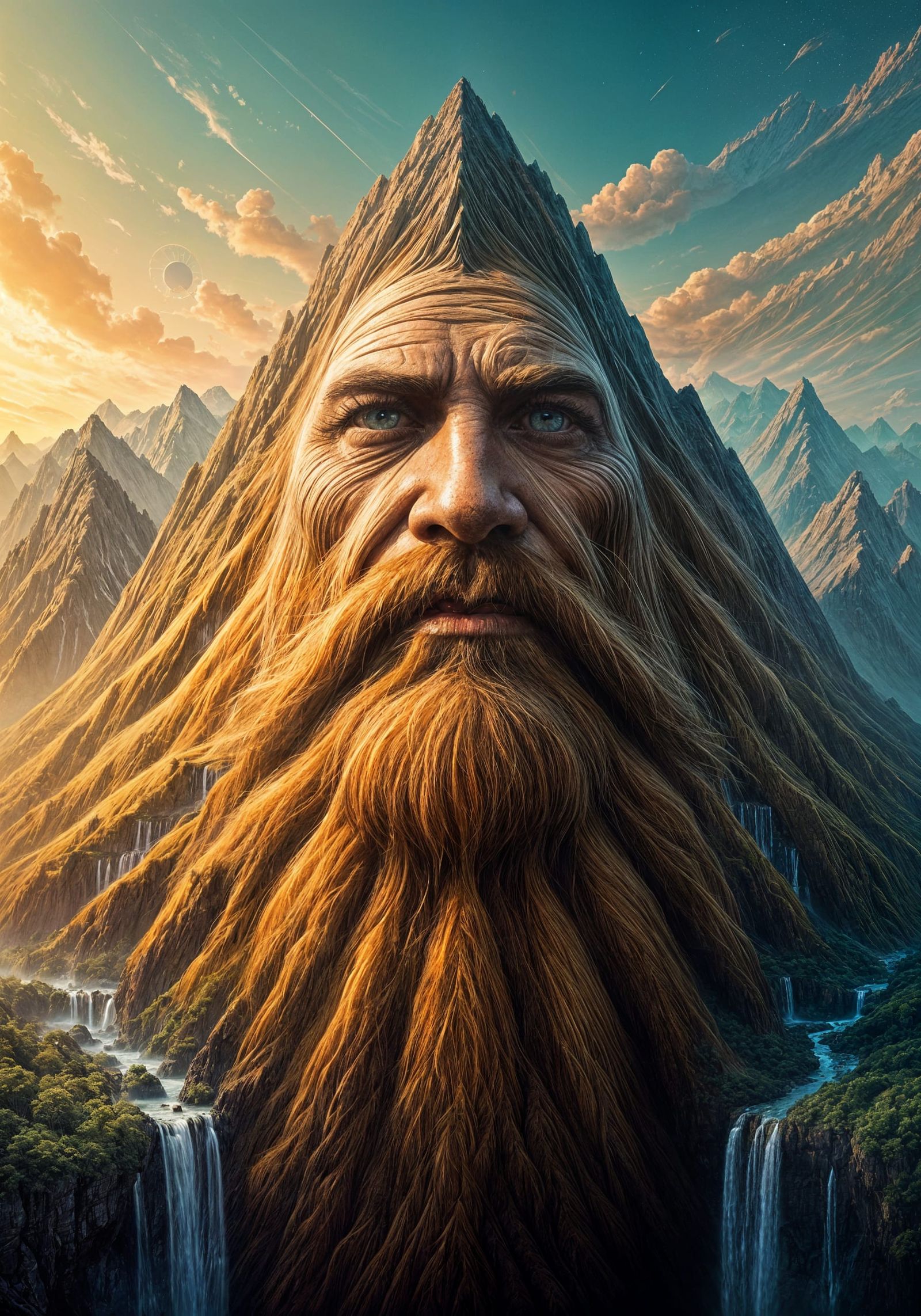A majestic mountain range flows like a mighty, golden-brown beard, effortlessly blending rugged peaks, ...  by @undefined