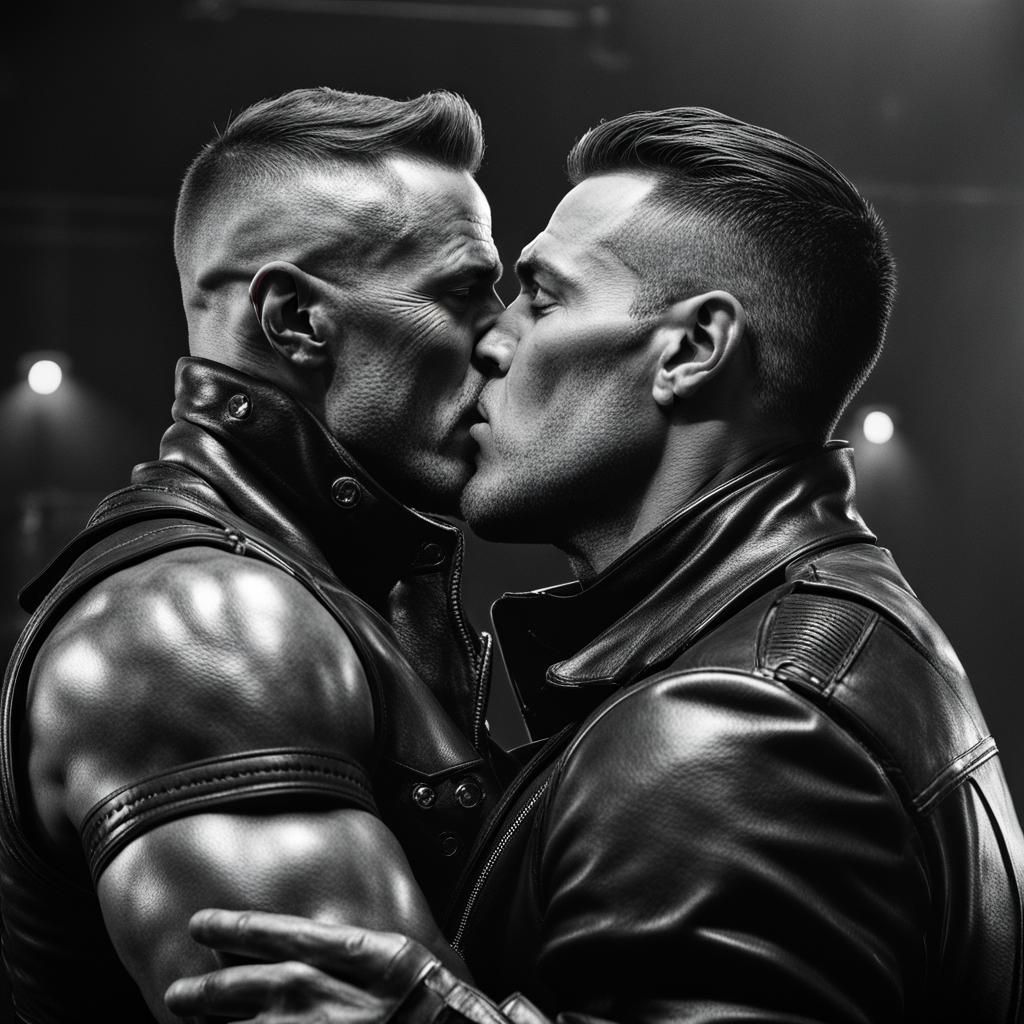 two muscle bound leather men kiss and hugging at the same ti...