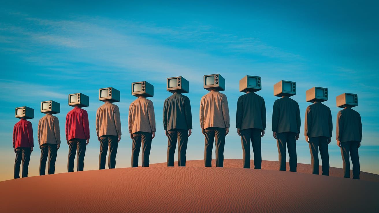 Televised Heads in Desert Sunset: A 3D Render