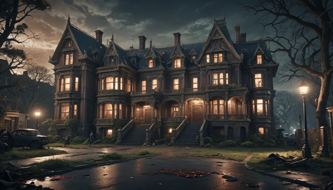 The resident evil remake game 
 mansion at night with zombies surrounding it Epic cinematic brilliant stunning intricate...