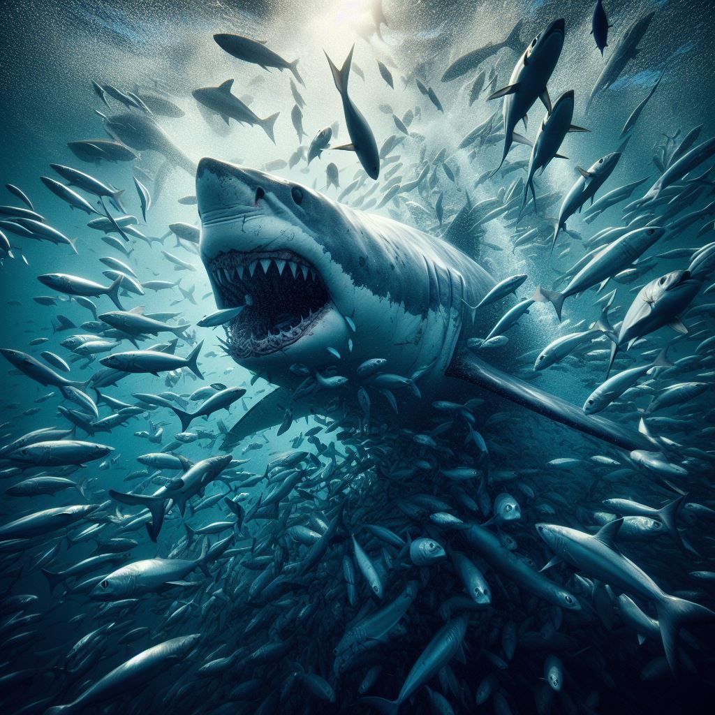 a large white shark hunting a school of smaller fish