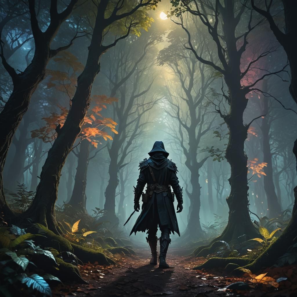 Mysterious Figure in Dark Fantasy Forest