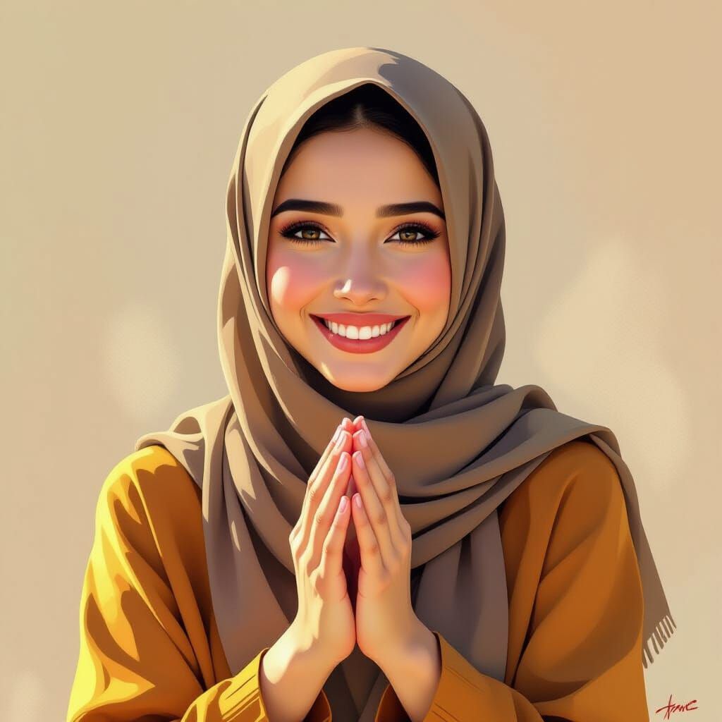 Warm Welcome: Woman in Hijab, Gentle Portrait Style