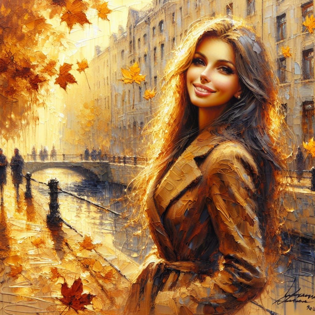 European Autumn City Scene with Smiling Woman