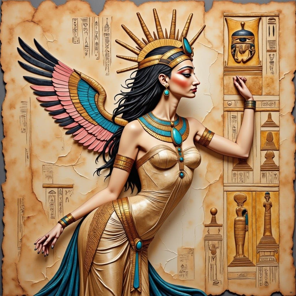 Dynamic quirky angle of Beautiful Egyptian God Re the sun god, paintings and collage, hybrid image, oil paint and texture painting and colla...