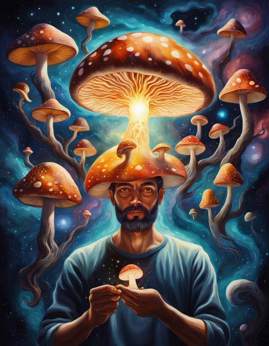 Mystical Man Holds Glowing Mushroom in Cosmic Oil Painting