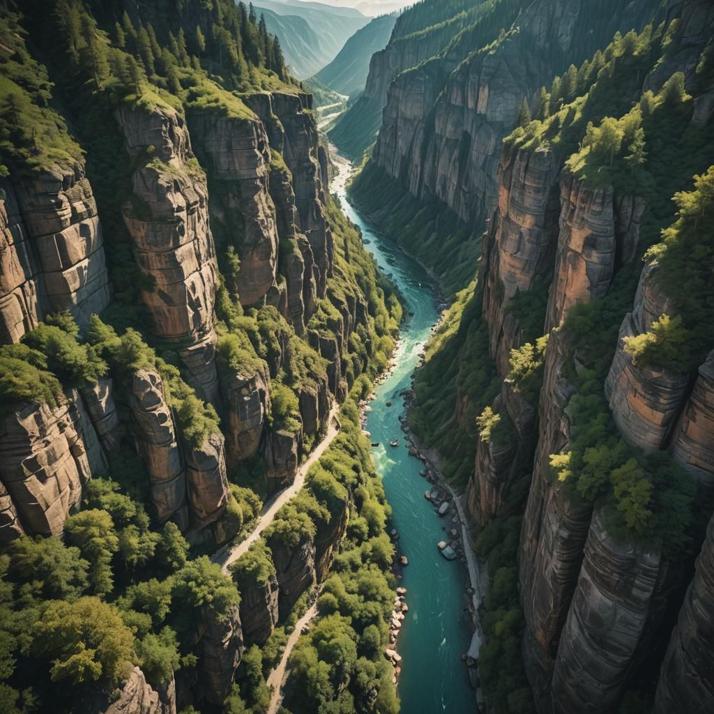 a forest mountain canyon city and the river in canyon