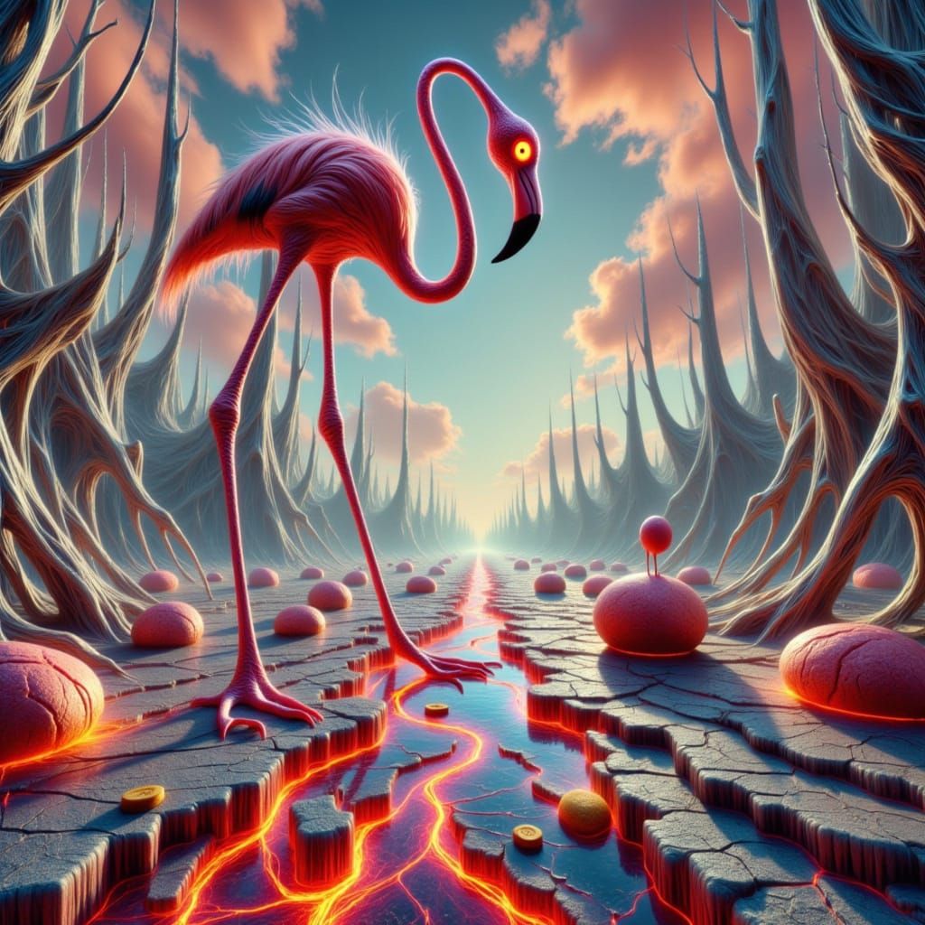 <lora:-Slender World-:1.0> worm's eye view of a towering Whimsical scary cute slender tall flamingo with glowing eyes, stitched with threads...
