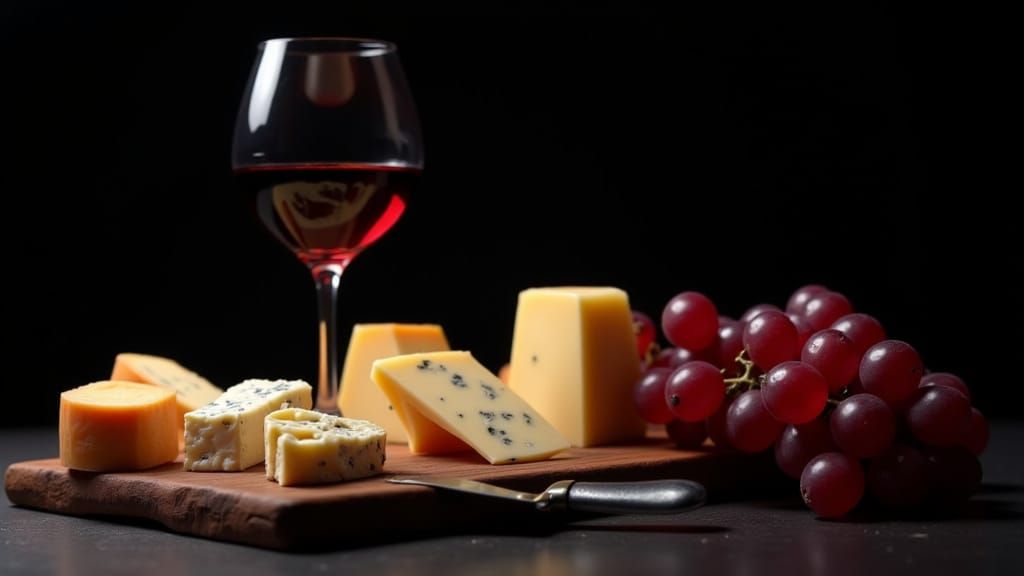 <lora:Light-shadow-texture:1.0>Glass of Red Wine, Wooden Cheeseboard, Cheese, Cheese Knife and Grapes black background