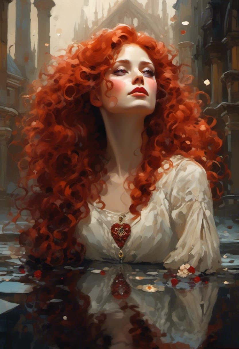 <lora:Soft:1.0> Elena is pale, red haired, curly hair intricate updo with pearls and gems, deep red eyes in a heart-shaped face, curvy build...
