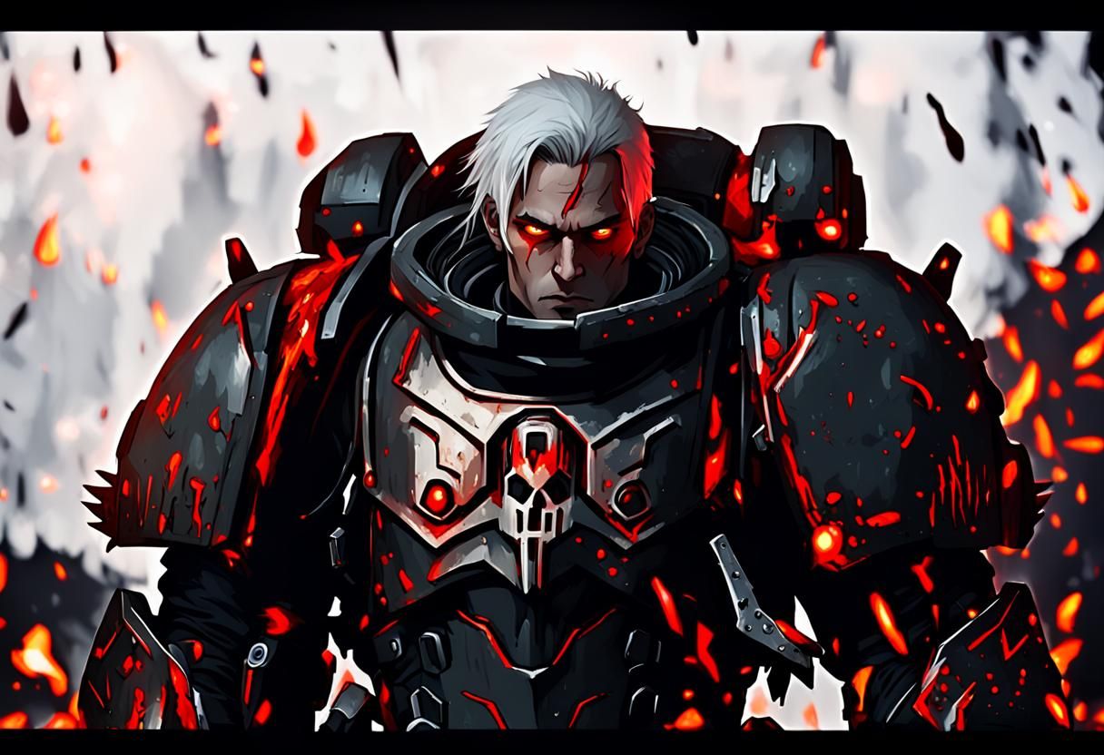 An experienced Yung soldier male with red eyes and white hair in black blood angel  space marine armor for warhammer 40k with a red tear dro...