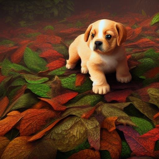 Puppy in a pile of leaves