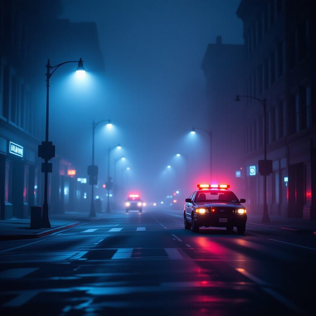 Eerie Foggy City Night with Flashing Lights