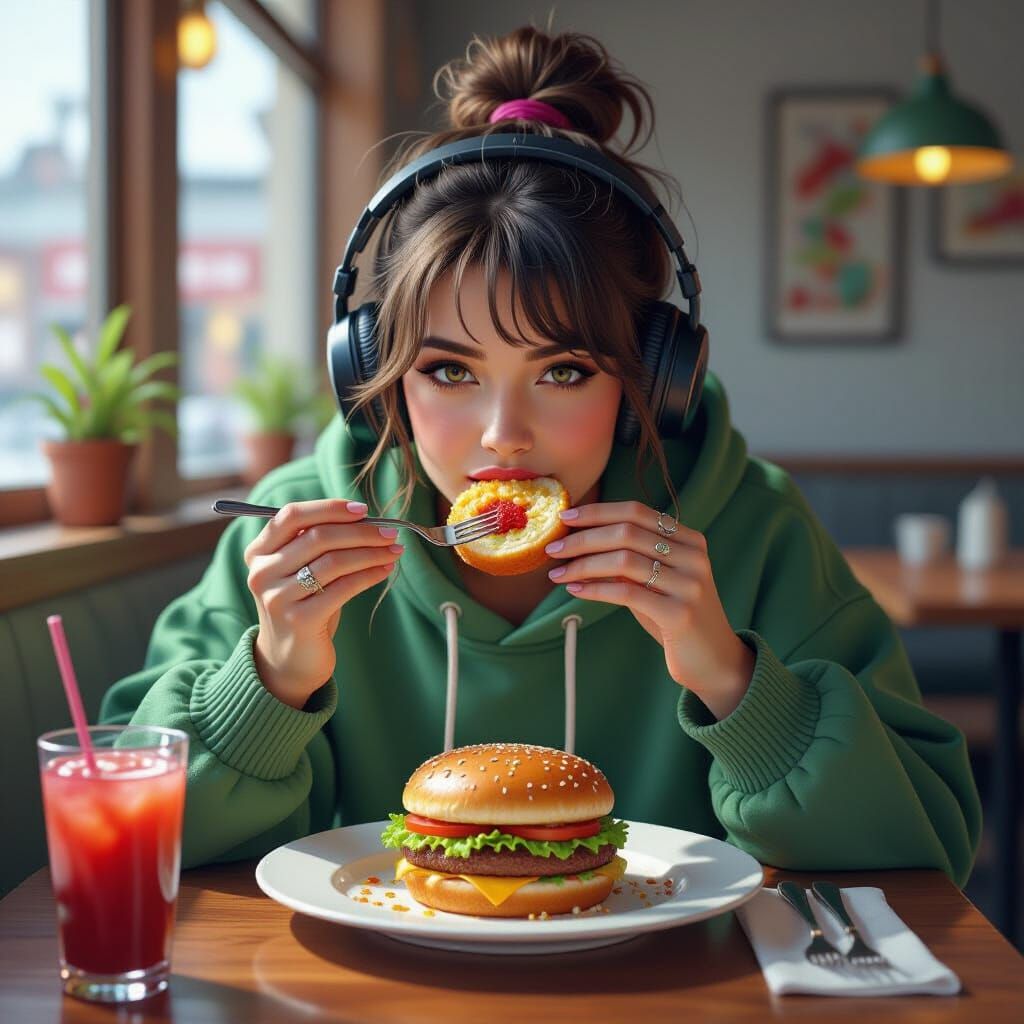 Person Eating Vibrant Six-Flavor Meal in Stylized Realism