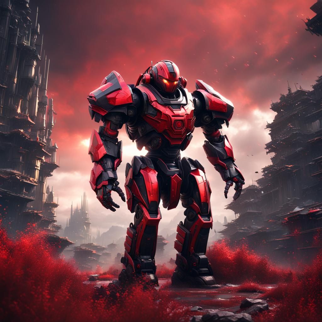 Gigantic robot in shiny red and black armor