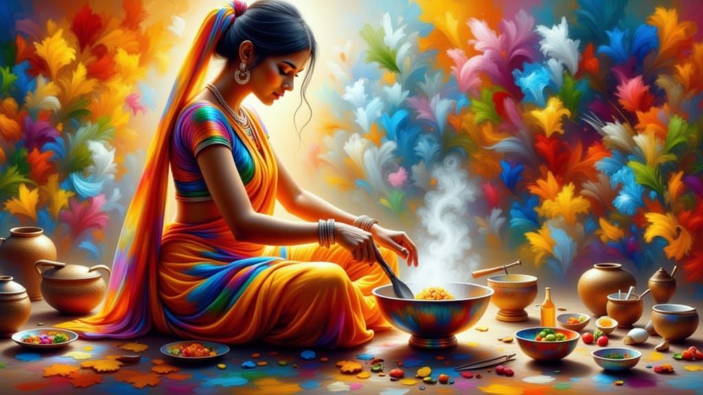 Indian Woman Cooking with Expressive Brushstrokes