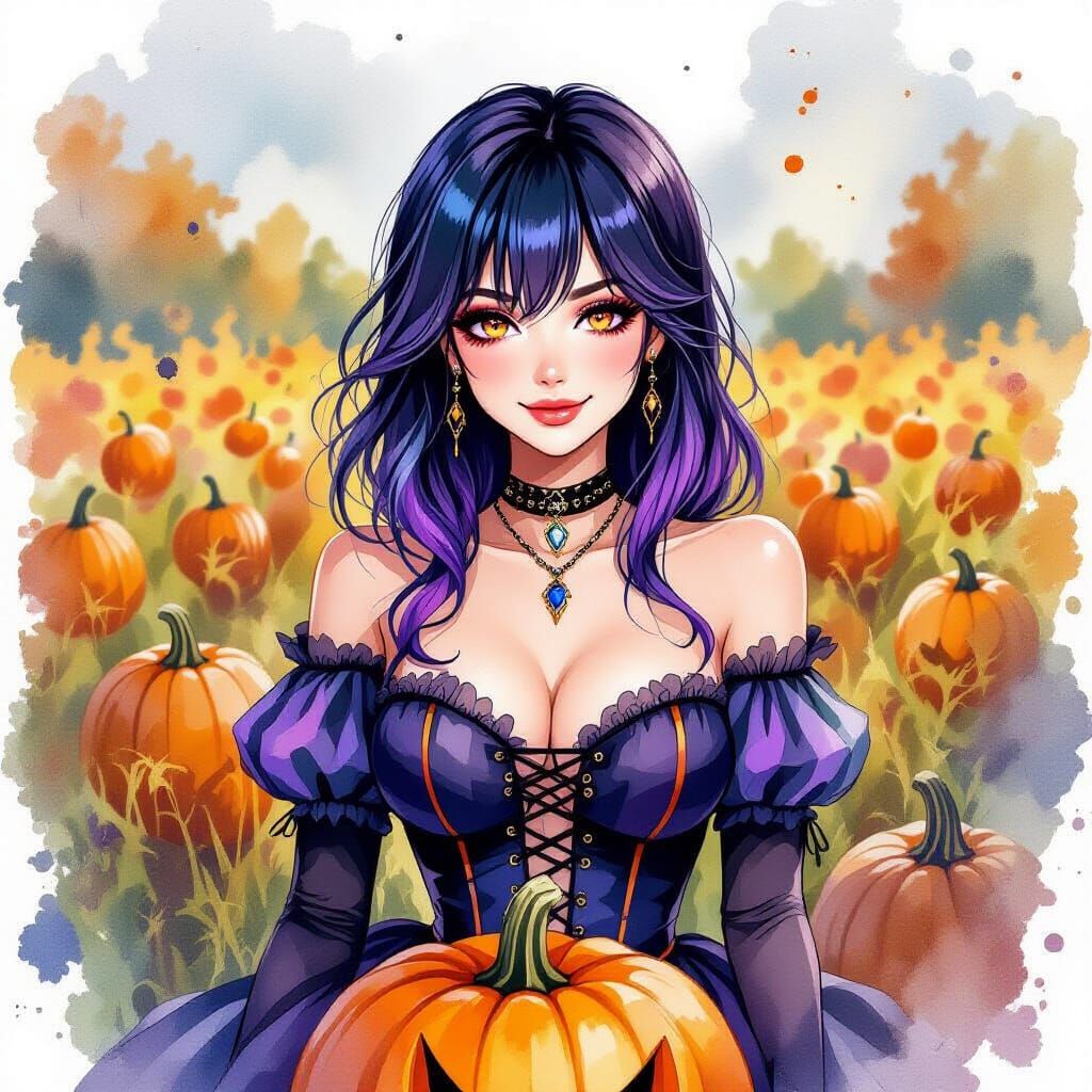 A dark haired woman with bluish-purple stripes and bangs with copper eyes with an hourglass figure in a cute Gothic dress is smiling in a pu...