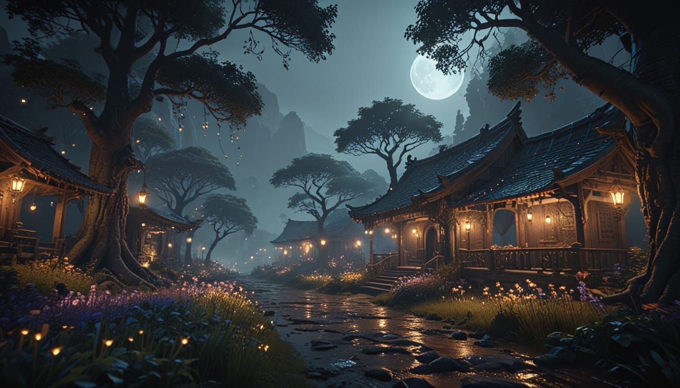 A hyper-realistic, ultra-detailed fantasy village built among towering ancient trees, featuring a grand multilevel treehouse villa as the ce...