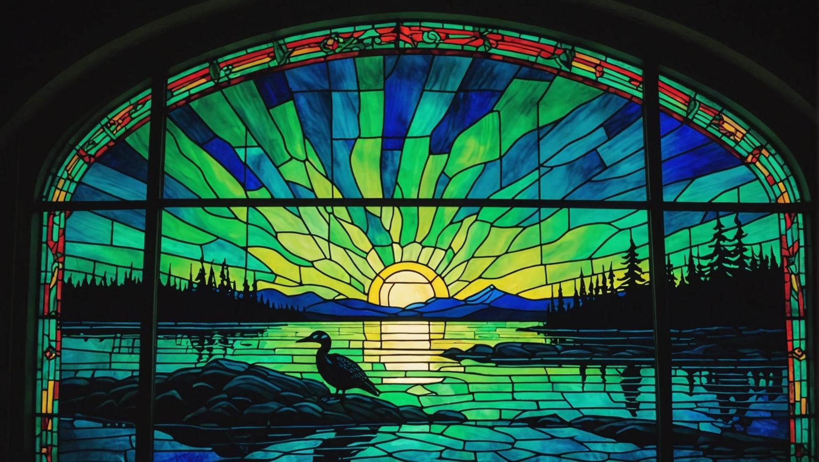 Stained glass night window northern lights Loon on the lake native ...