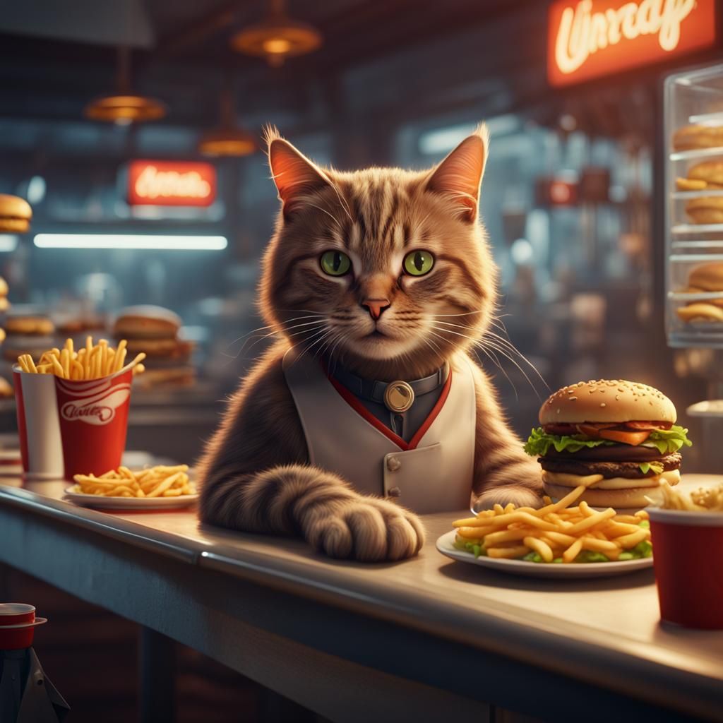 Cat working at a fast food restaurant