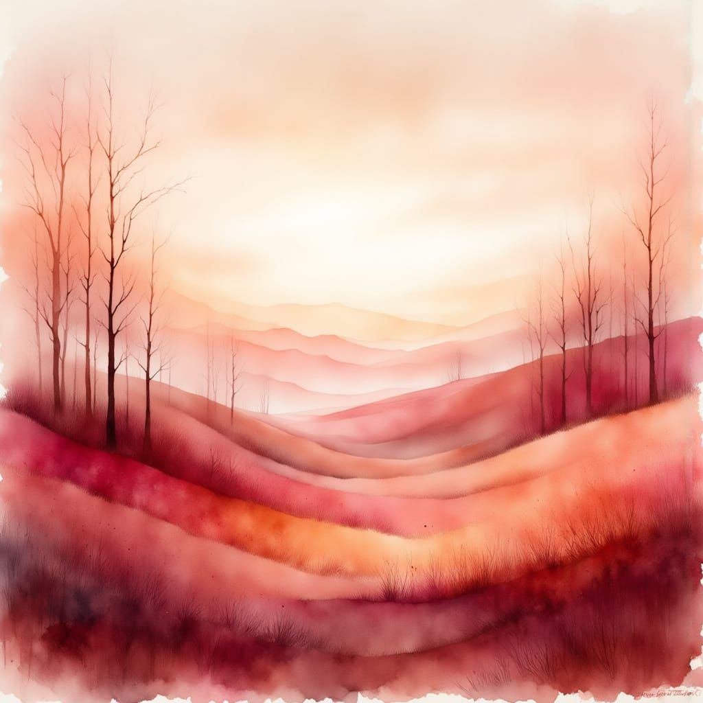 Dreamy Crimson Landscape with Hazy Forest
