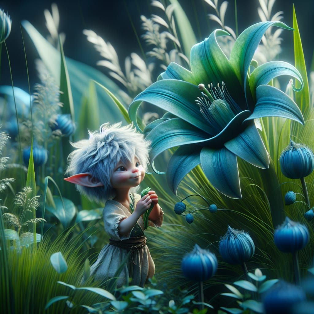 Very small Tiny fae elf, short fluffy white hair, playing in...