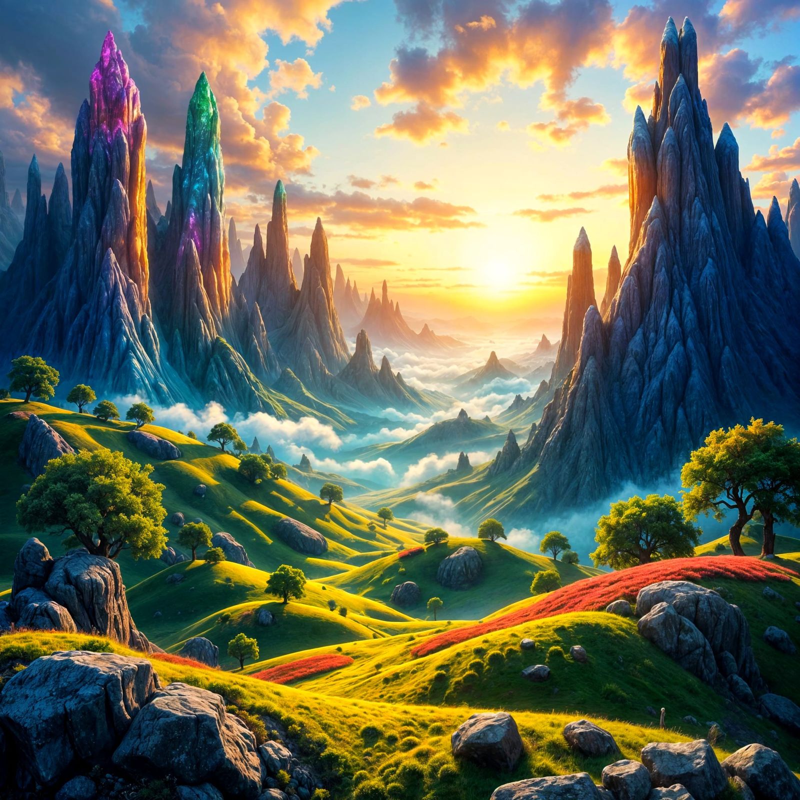 LoRA test... feedback is welcome! <lora:Surreal Landscapes:1.0> Serene, dreamlike landscape with rolling hills, towering rainbow crystal spires, bathed in soft, ethereal ligh...