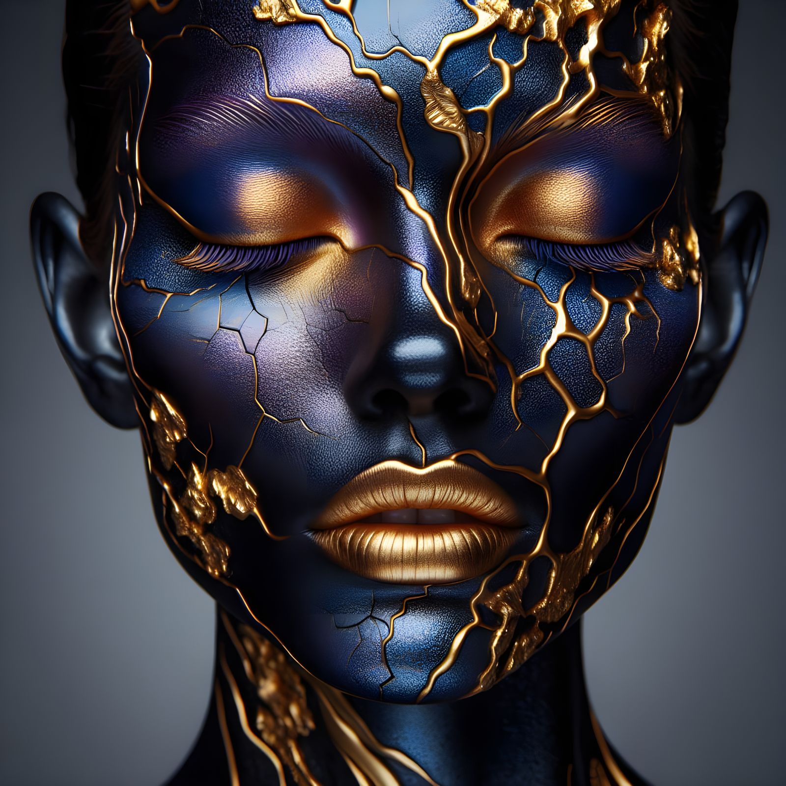 Celestial Goddess with Iridescent Blue Skin and Golden Cosmi...