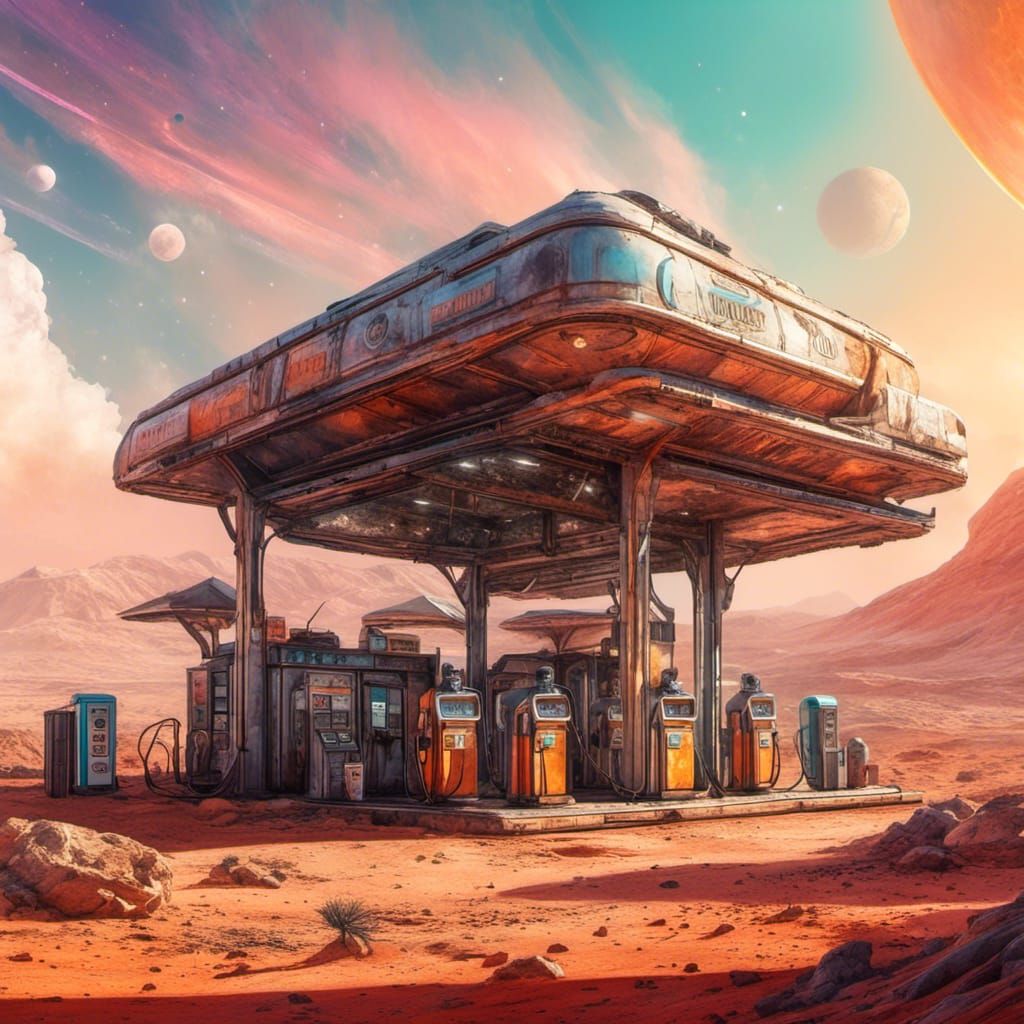 <lora:Dream Ethereal v2:1.0> Gas station on Mars pen and watercolor, pastel split-complementary colors, digital illustration, volumetric lig...