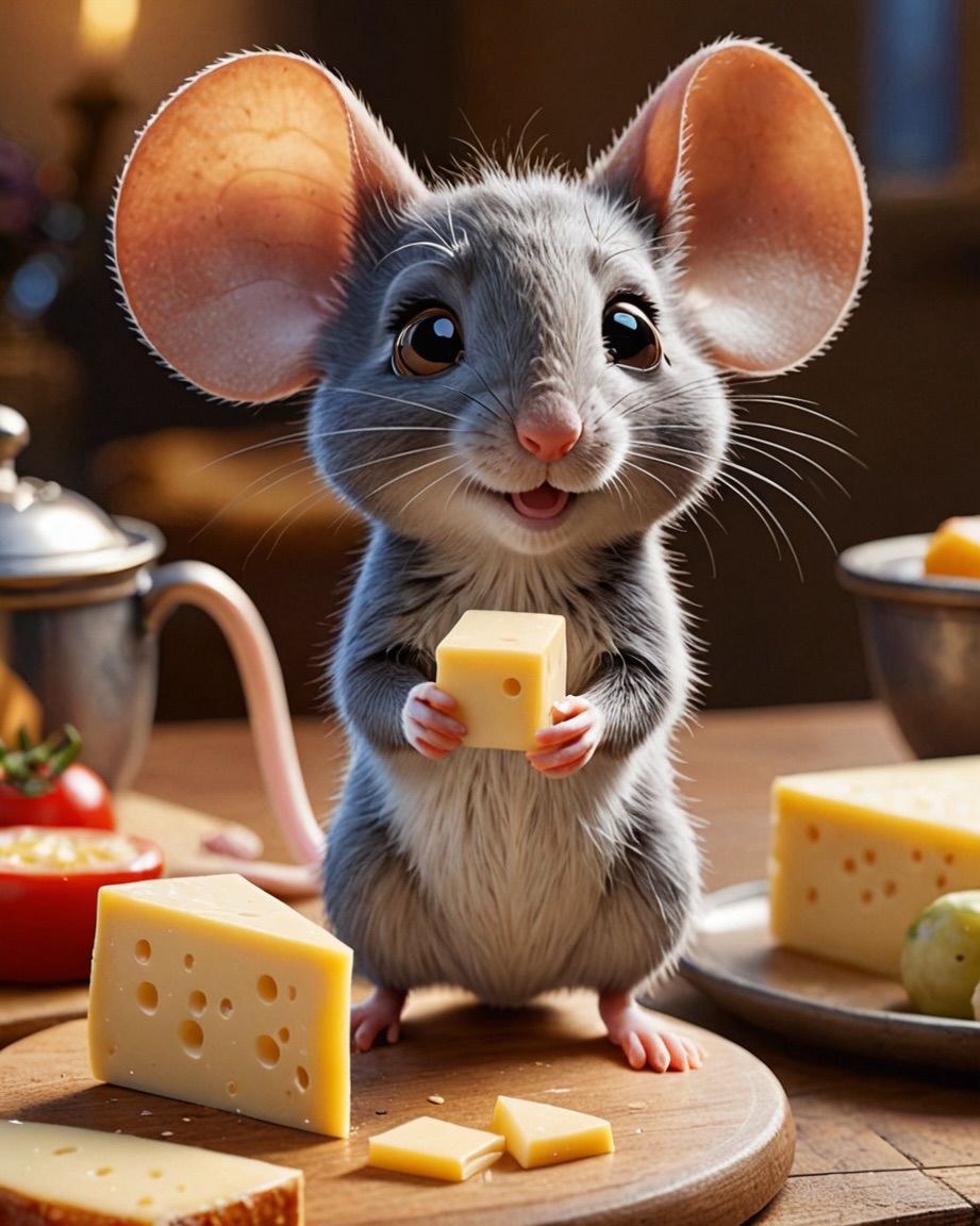 MOUSE. Holding CHEESE. LUXURY.