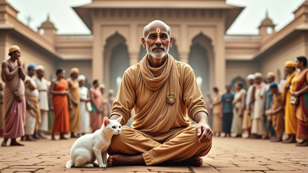 Double Exposure: Before an Indian Temple in the front of some people, a middle-aged bald man with a gentle smile and a white spiral bindi on...