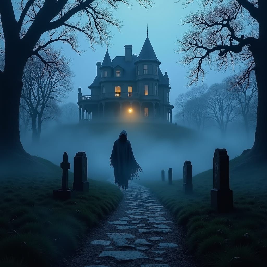 a haunted Victorian manor on a hill