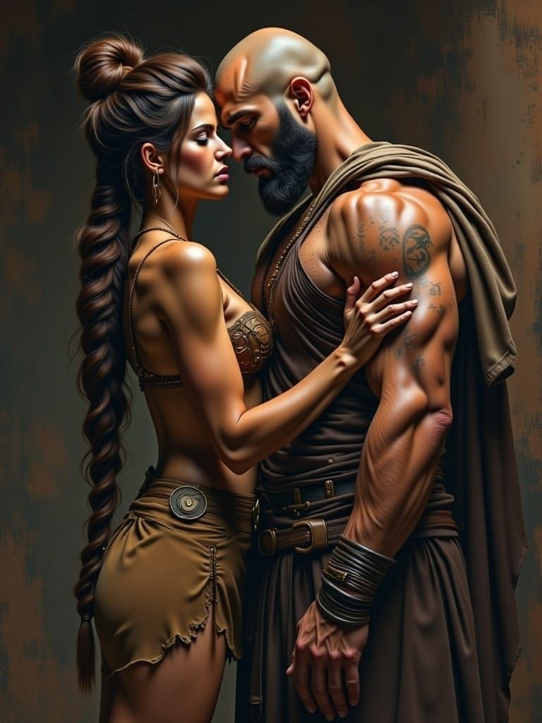 full body (((A stunningly couple portrait beautiful female  in the style of Michael Garmash, Lilia Alvarado, Russ Mills, Model <lora:Ancient...