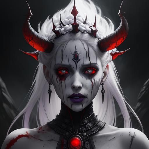 White Demon Girl White Crown Braid Red Bloody Scars Red Facial 