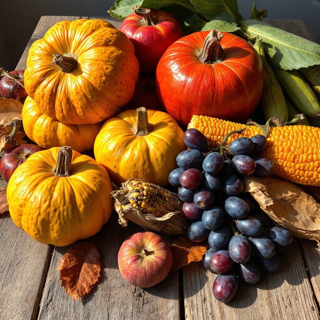 A close-up of a rustic wooden table laden with a cornucopia of autumn produce: plump pumpkins, glossy ...  by @Shuttleskipper